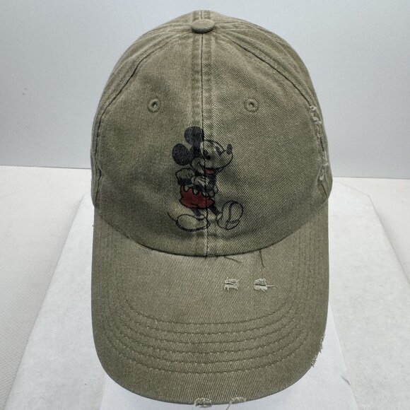 Disney Parks Mickey Mouse Hat Distressed Olive Green Baseball Cap Adjustable - Picture 1 of 10